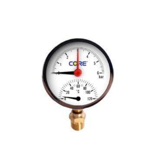Picture of 80mm Dial 0-6 Bar & 120C CORE Combined Pressure & Temp Gauge, Bottom Entry, Bright Bezel.